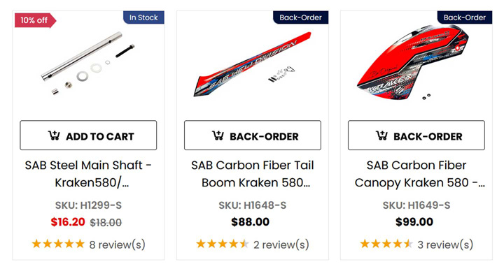 Snapshot of typical order page showing a range of parts prices
